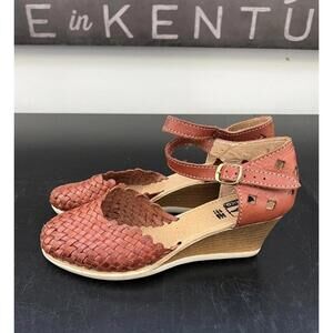 Woven Brown Leather Wedge Sandals with Cutouts - Size 26
